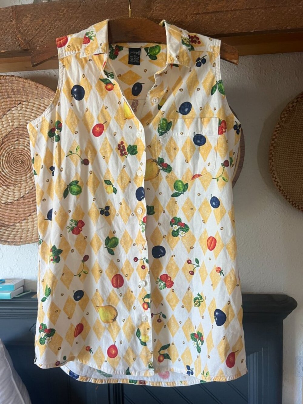 Vintage Lands End Farmer's Market Fruit Sleeveless button down shirt XL cottage